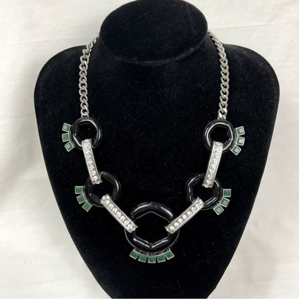 Banana Republic Statement Necklace Enamel Black Rings Green Stones Rhinestones